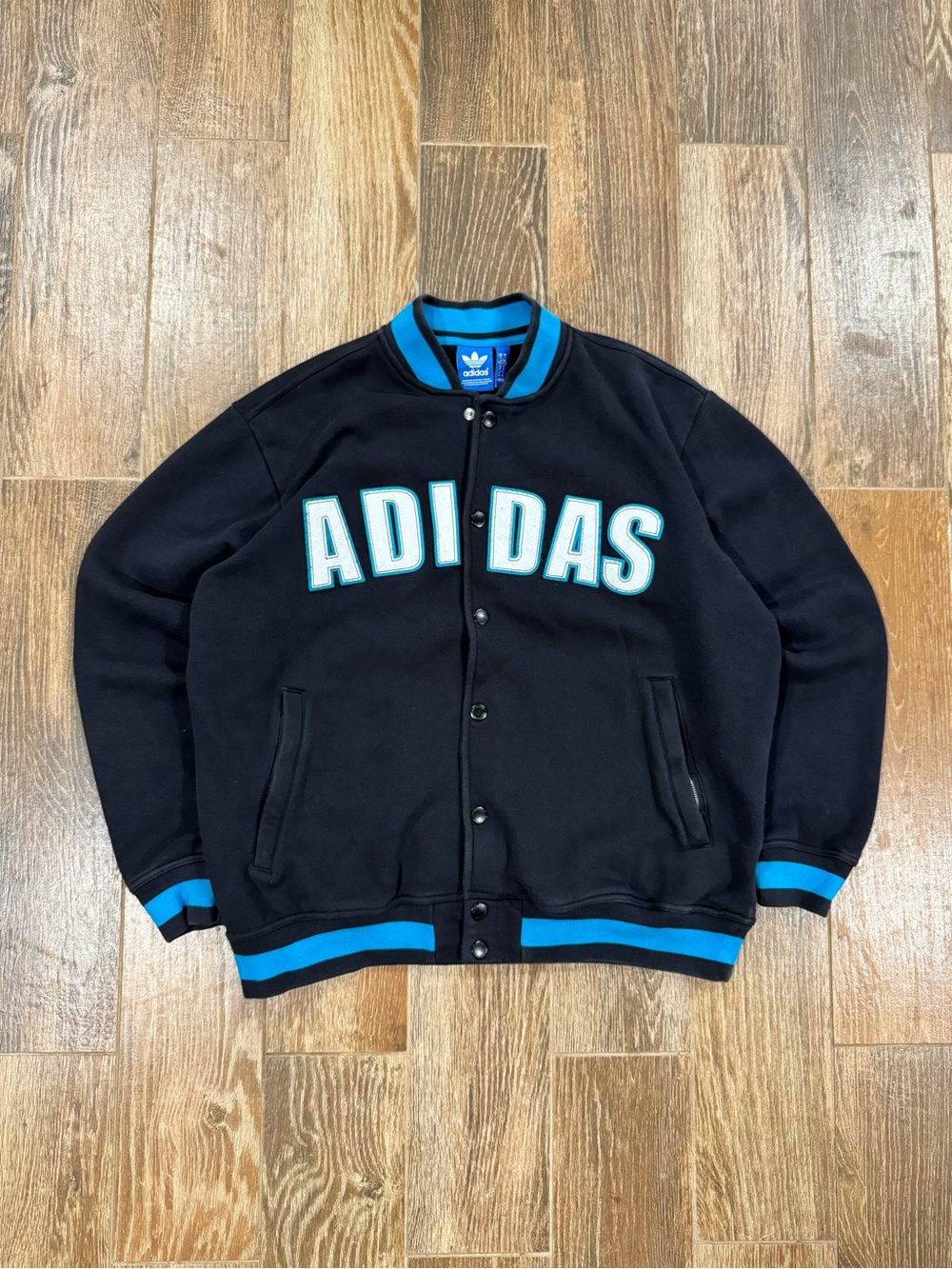 Adidas Black & Blue fleece Varsity snap spell out Jacket
